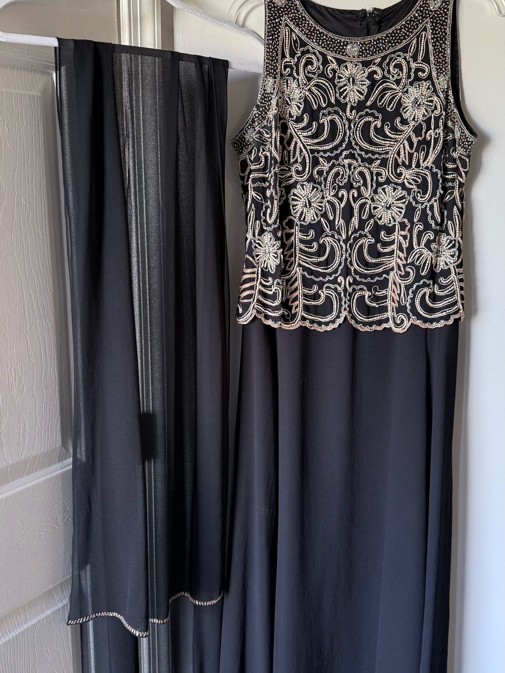 J Kara Embellished Black Evening Dress with Sheer Shawl